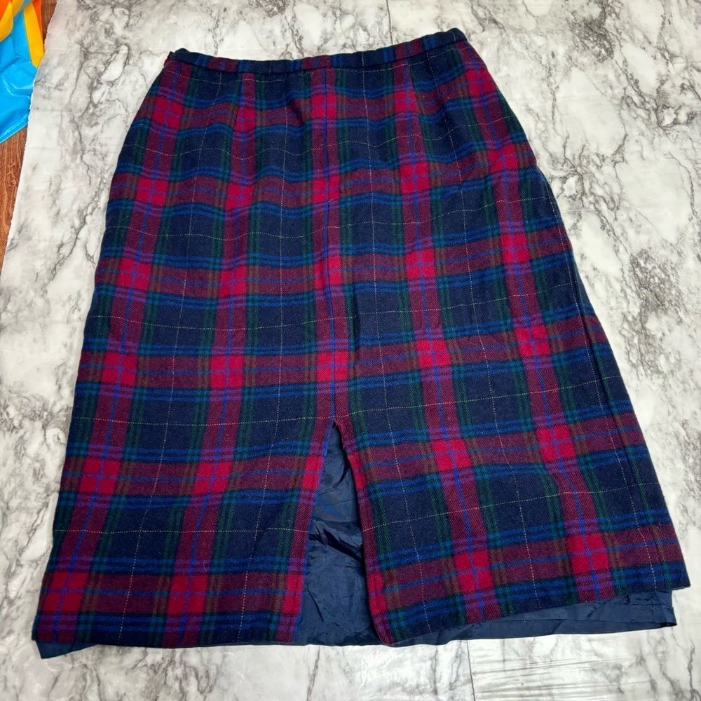 Pendleton vintage plaid Skirt pure Wool navy red blue 26 waist Flaw- liner - Picture 2 of 9